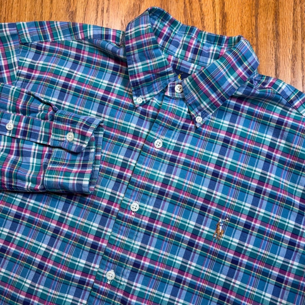 Polo Ralph Lauren Oxford Shirt Mens L Blue Pink Plaid Classic Fit LS Flesh Pony